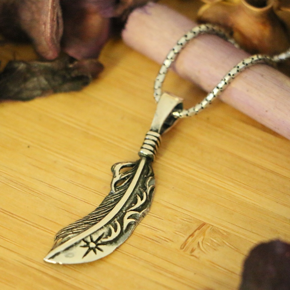 925 Sterling Silver feather men’s necklace